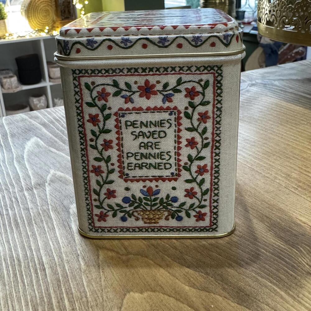 1970s Vintage Hallmark Bank Tin Pennies Saved are Pennies Earned Collectible